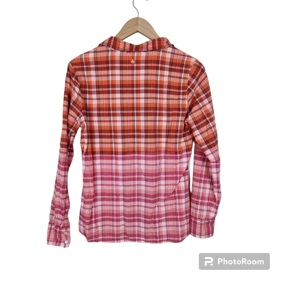 Prana Pink Orange Plaid Roll Tab Sleeve Button Down Shirt Top Sz L - Picture 7 of 7